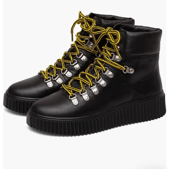 Nordstrom Lisa Vicky Leather moto combat boot black yellow laces size 7 - Picture 1 of 8